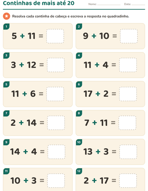 Pré-visualização da ficha de Cálculo mental para 1º ano do ensino fundamental