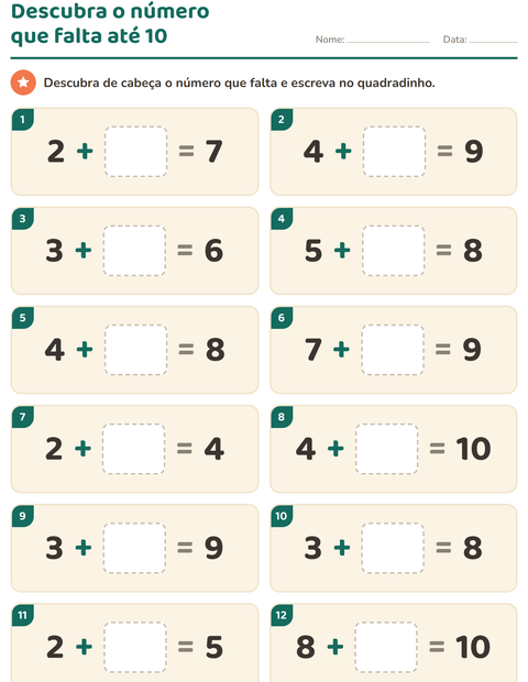 Pré-visualização da ficha de Cálculo mental para 1º ano do ensino fundamental
