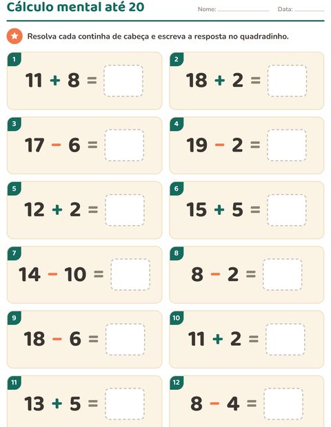 Pré-visualização da ficha de Cálculo mental para 1º ano do ensino fundamental