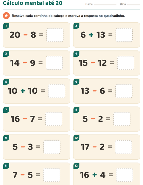 Pré-visualização da ficha de Cálculo mental para 1º ano do ensino fundamental