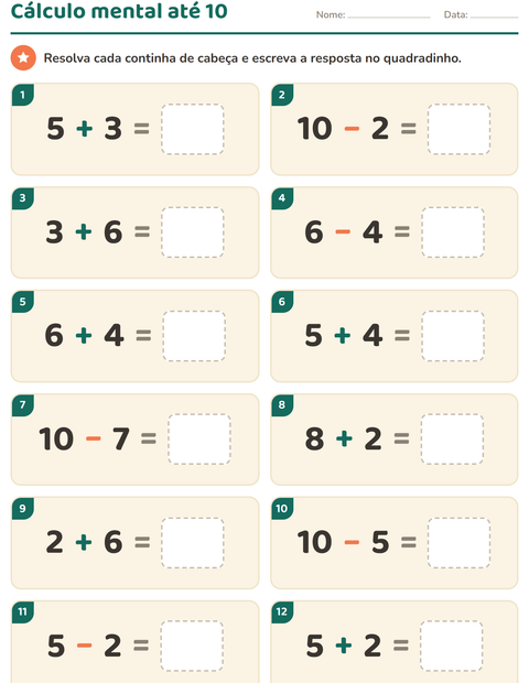 Pré-visualização da ficha de Cálculo mental para 1º ano do ensino fundamental