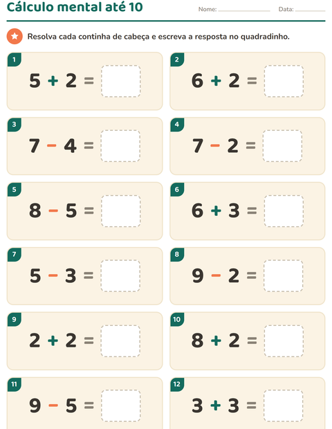 Pré-visualização da ficha de Cálculo mental para 1º ano do ensino fundamental