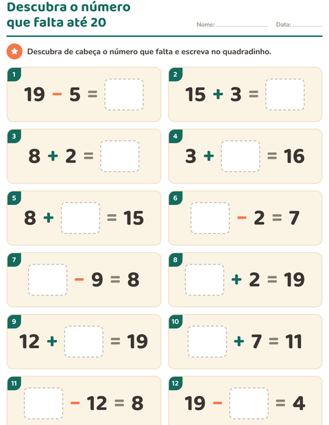 Pré-visualização da ficha de Cálculo mental para 1º ano do ensino fundamental