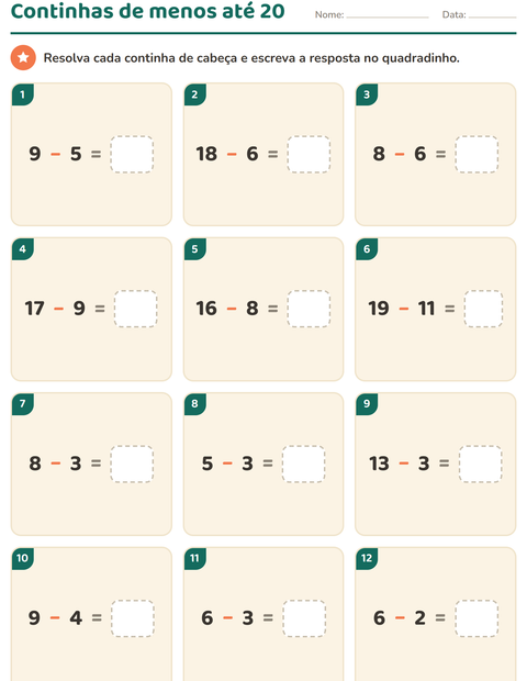 Continhas de menos até 20: só subtração