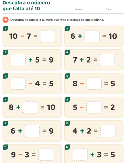 Pré-visualização da ficha de Cálculo mental para 1º ano do ensino fundamental