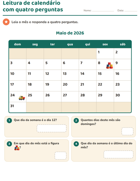 Pré-visualização da ficha de Calendário para 2º ano do ensino fundamental