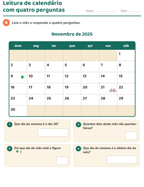 Pré-visualização da ficha de Calendário para 2º ano do ensino fundamental
