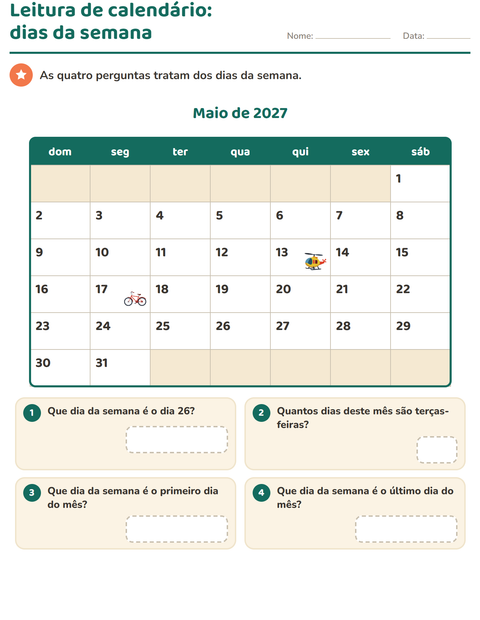 Pré-visualização da ficha de Calendário para 2º ano do ensino fundamental