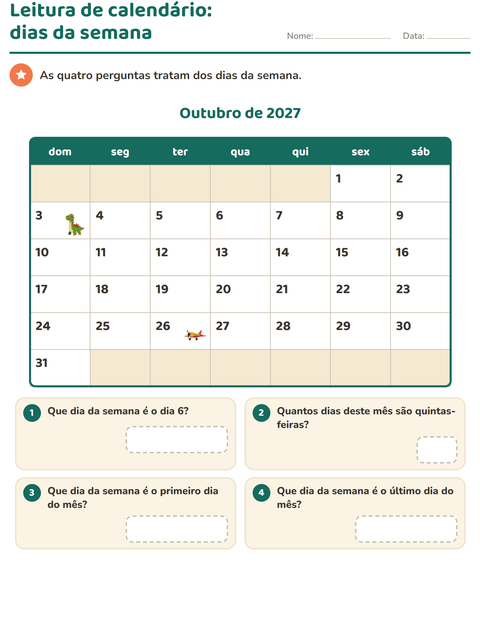 Pré-visualização da ficha de Calendário para 2º ano do ensino fundamental