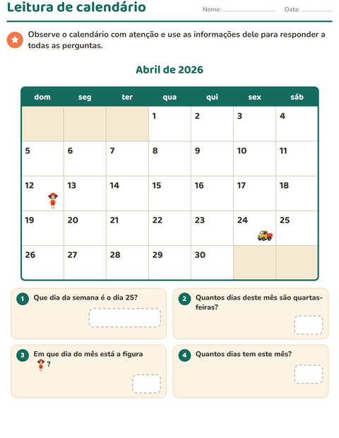 Pré-visualização da ficha de Calendário para 2º ano do ensino fundamental
