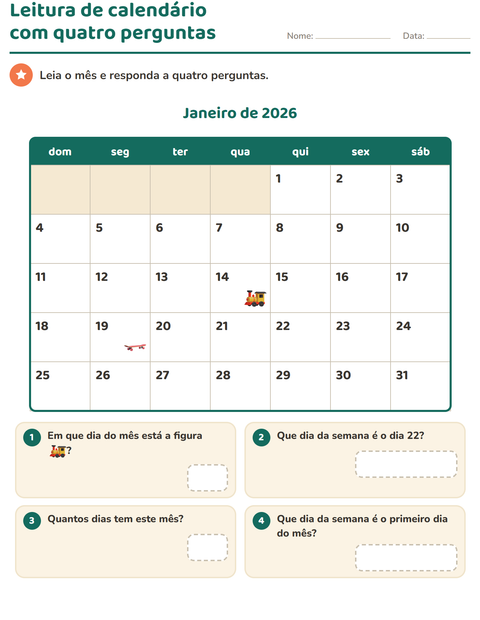 Pré-visualização da ficha de Calendário para 2º ano do ensino fundamental