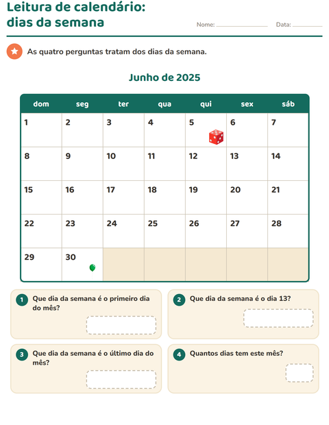 Pré-visualização da ficha de Calendário para 2º ano do ensino fundamental