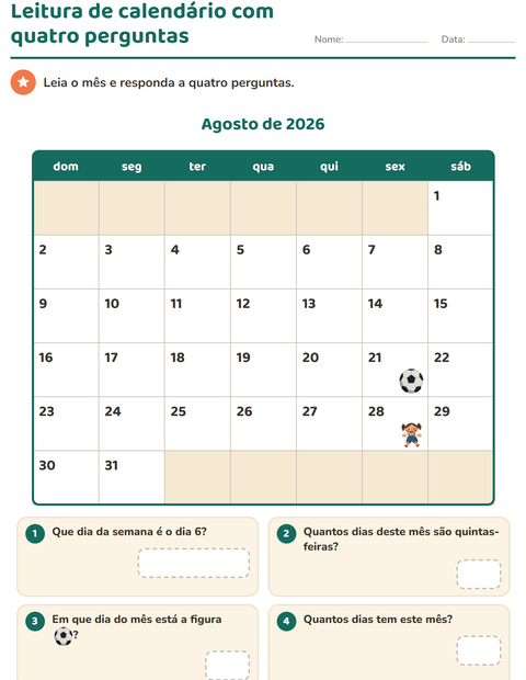 Leitura de calendário: quatro perguntas sobre um mês inteiro