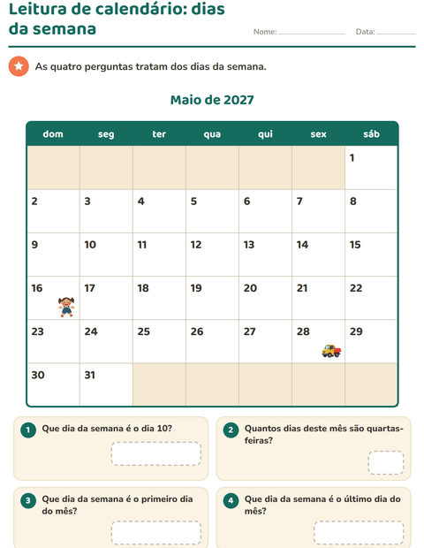 Prévia: Leitura de calendário: quatro perguntas sobre os dias da semana
