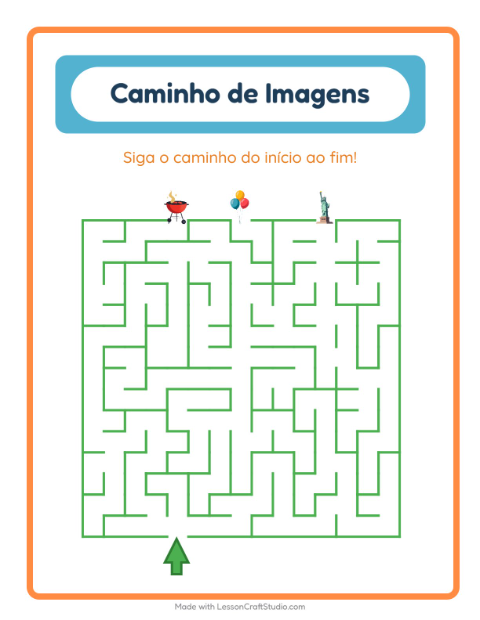 Pré-visualização da ficha de Caminho Ilustrado com 4 de Julho para Educação infantil (pré-escola, 5-7 anos)