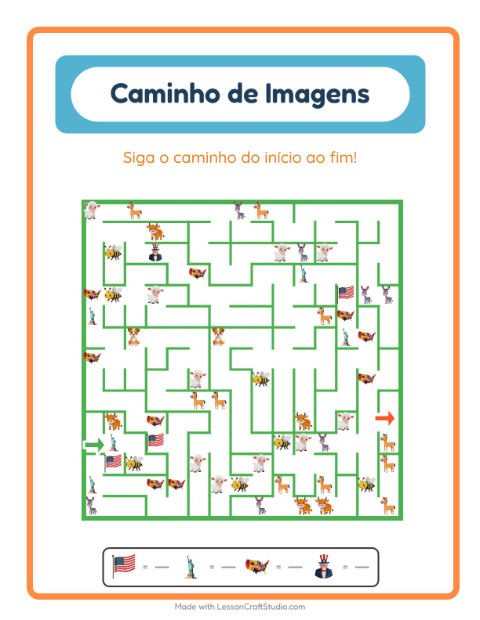 Pré-visualização da ficha de Caminho Ilustrado com 4 de Julho para Educação infantil (pré-escola, 5-7 anos)