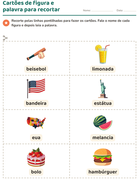 Pré-visualização da ficha de Cartões de figura e palavra com 4 de Julho para Educação infantil (pré-escola, 5-7 anos)