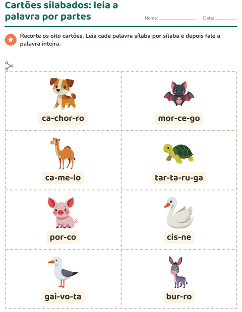 Pré-visualização da ficha de Cartões de figura e palavra com Animais para 1º ano do ensino fundamental