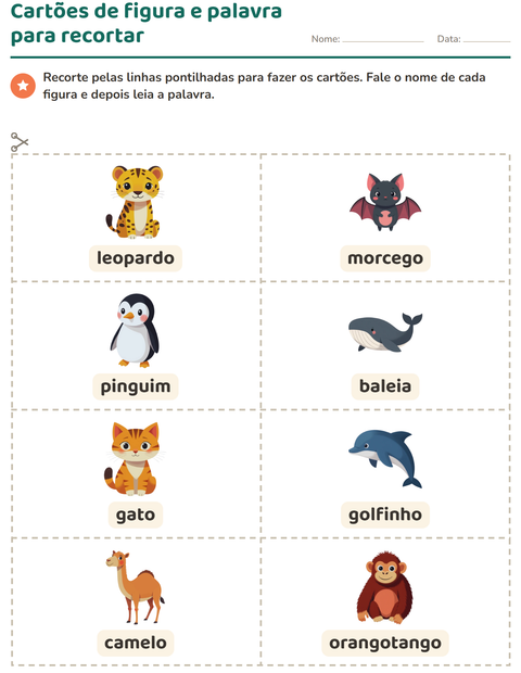 Pré-visualização da ficha de Cartões de figura e palavra com Animais para Educação infantil (pré-escola, 5-7 anos)