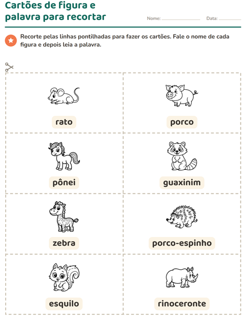 Pré-visualização da ficha de Cartões de figura e palavra com Animais PB 2 para Educação infantil (pré-escola, 5-7 anos)