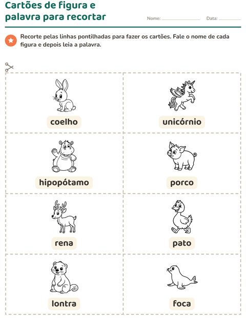 Pré-visualização da ficha de Cartões de figura e palavra com Animais PB para Educação infantil (pré-escola, 5-7 anos)