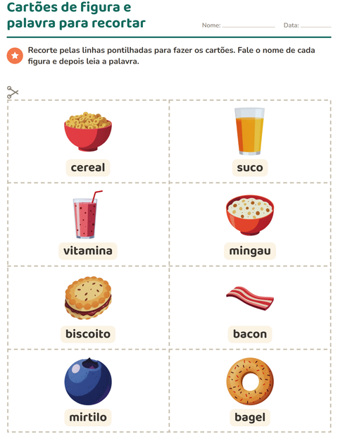 Pré-visualização da ficha de Cartões de figura e palavra com Café da manhã para Educação infantil (pré-escola, 5-7 anos)