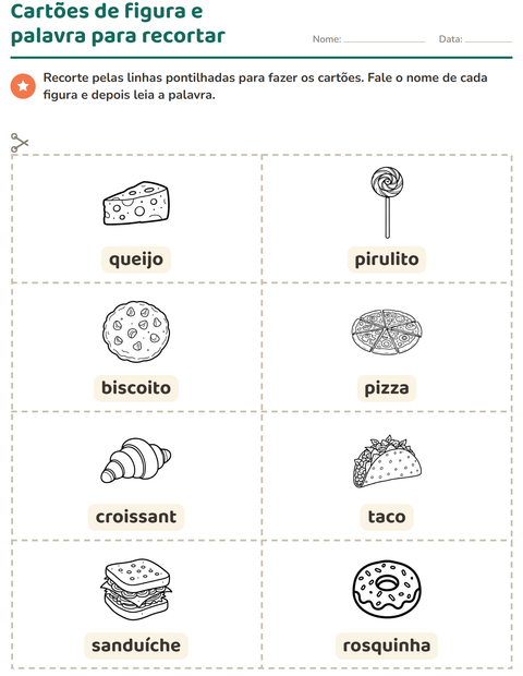 Pré-visualização da ficha de Cartões de figura e palavra com Comida PB para Educação infantil (pré-escola, 5-7 anos)
