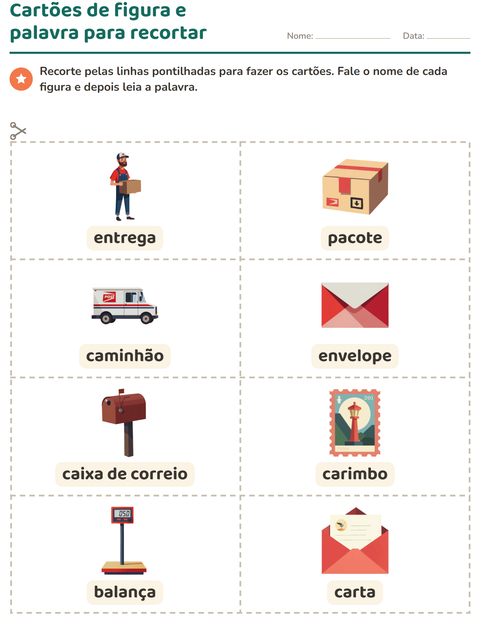 Pré-visualização da ficha de Cartões de figura e palavra com Correios para Educação infantil (pré-escola, 5-7 anos)
