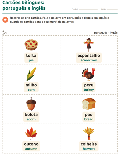 Pré-visualização da ficha de Cartões de figura e palavra com Dia de Ação de Graças para Educação infantil (pré-escola, 5-7 anos)
