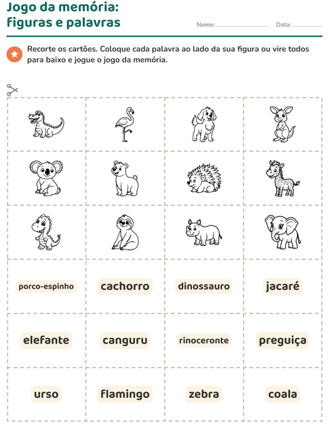 Pré-visualização da ficha de Cartões de figura e palavra com Animais do zoológico PB para Educação infantil (pré-escola, 5-7 anos)