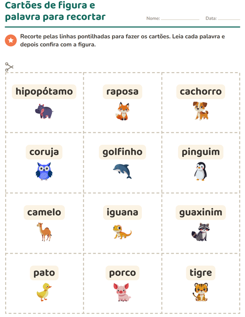 Pré-visualização da ficha de Cartões de figura e palavra com Animais para Educação infantil (pré-escola, 5-7 anos)