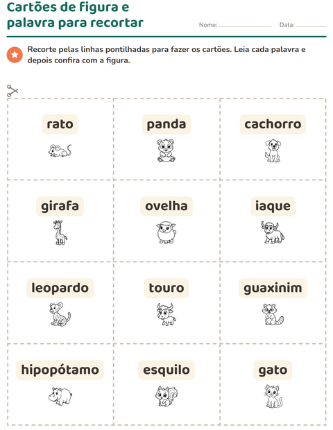Pré-visualização da ficha de Cartões de figura e palavra com Animais PB 2 para Educação infantil (pré-escola, 5-7 anos)