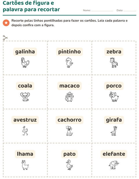 Pré-visualização da ficha de Cartões de figura e palavra com Animais PB 4 para Educação infantil (pré-escola, 5-7 anos)