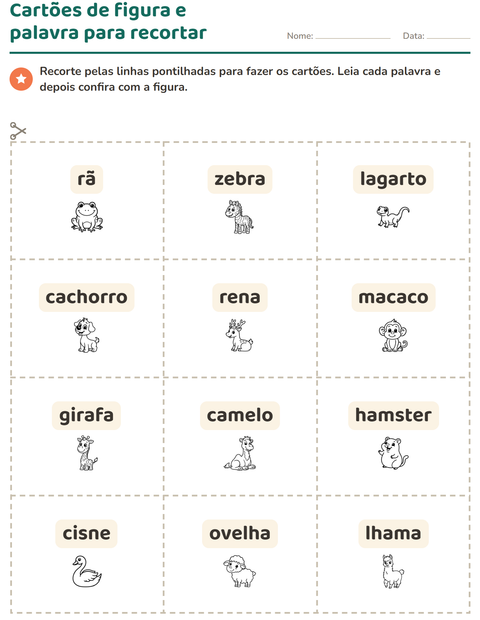 Pré-visualização da ficha de Cartões de figura e palavra com Animais PB 5 para Educação infantil (pré-escola, 5-7 anos)
