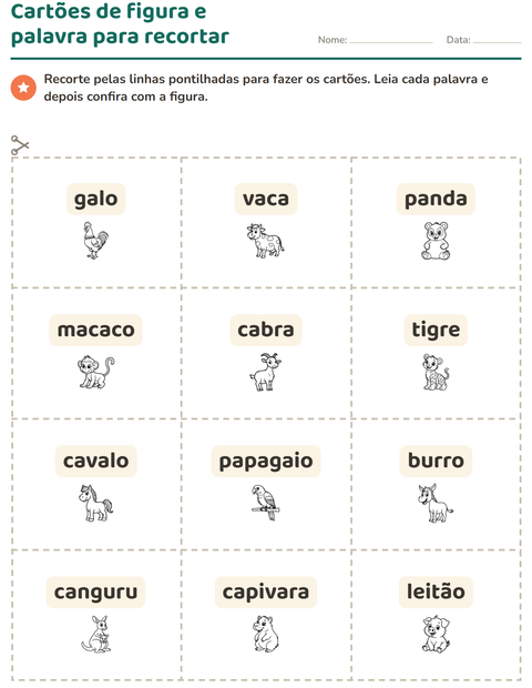 Pré-visualização da ficha de Cartões de figura e palavra com Animais PB para Educação infantil (pré-escola, 5-7 anos)