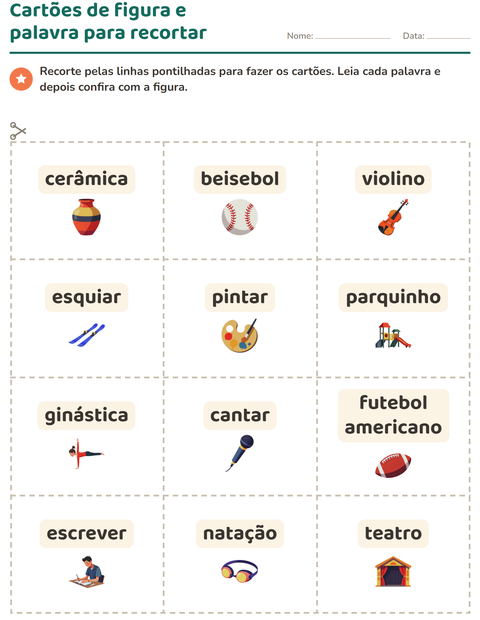 Pré-visualização da ficha de Cartões de figura e palavra com Atividades para Educação infantil (pré-escola, 5-7 anos)
