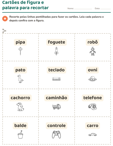 Pré-visualização da ficha de Cartões de figura e palavra com Brinquedos PB 2 para Educação infantil (pré-escola, 5-7 anos)