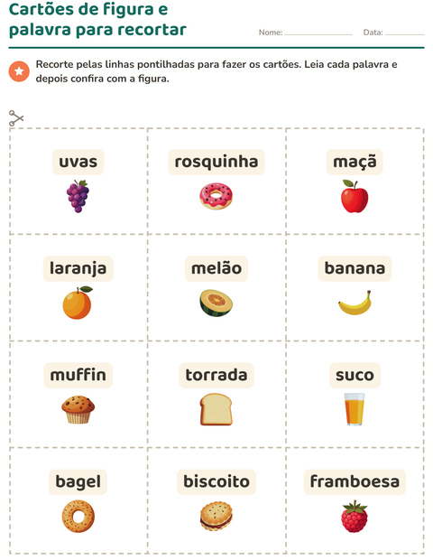 Pré-visualização da ficha de Cartões de figura e palavra com Café da manhã para Educação infantil (pré-escola, 5-7 anos)