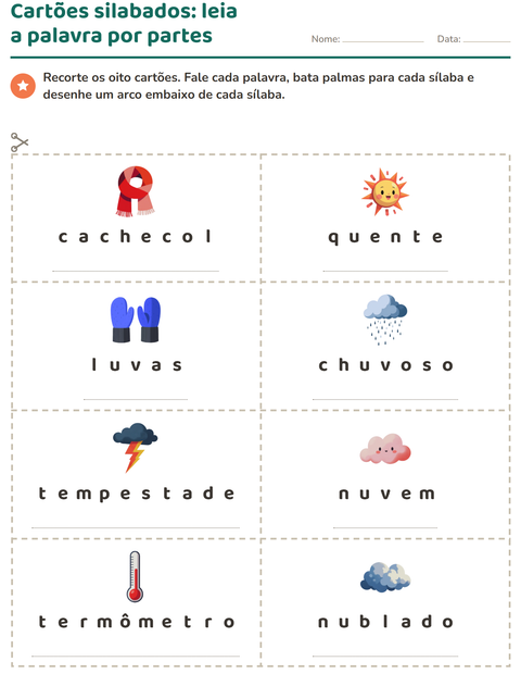 Pré-visualização da ficha de Cartões de figura e palavra com Clima para 1º ano do ensino fundamental