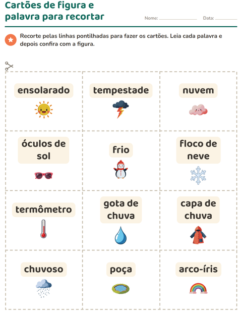 Pré-visualização da ficha de Cartões de figura e palavra com Clima para Educação infantil (pré-escola, 5-7 anos)