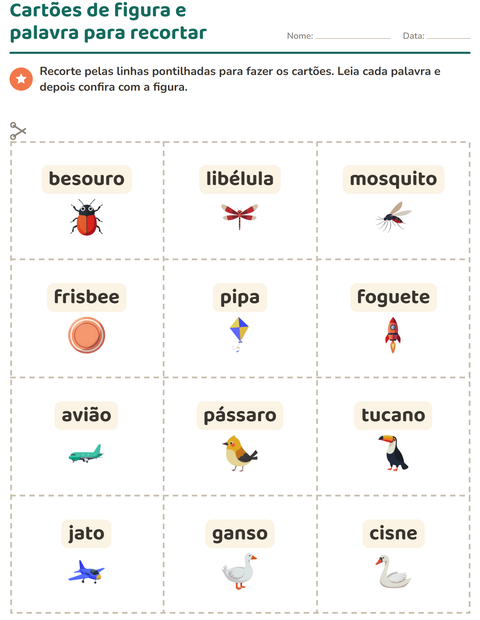 Pré-visualização da ficha de Cartões de figura e palavra com Coisas que voam para Educação infantil (pré-escola, 5-7 anos)