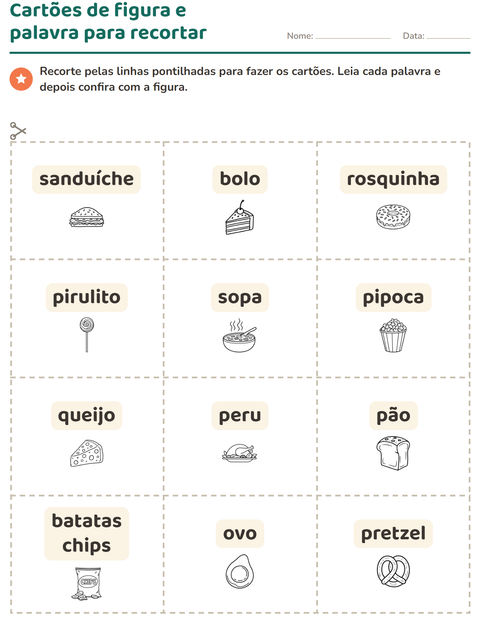 Pré-visualização da ficha de Cartões de figura e palavra com Comida PB 2 para Educação infantil (pré-escola, 5-7 anos)