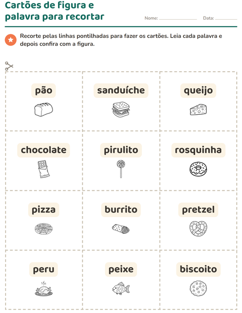 Pré-visualização da ficha de Cartões de figura e palavra com Comida PB para Educação infantil (pré-escola, 5-7 anos)