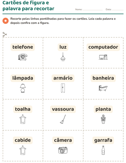 Pré-visualização da ficha de Cartões de figura e palavra com Doméstico PB para Educação infantil (pré-escola, 5-7 anos)