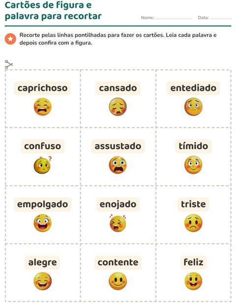 Pré-visualização da ficha de Cartões de figura e palavra com Emoções para Educação infantil (pré-escola, 5-7 anos)
