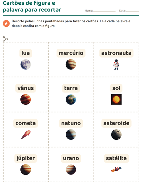 Pré-visualização da ficha de Cartões de figura e palavra com Espaço para Educação infantil (pré-escola, 5-7 anos)