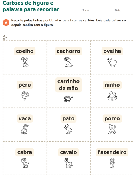 Pré-visualização da ficha de Cartões de figura e palavra com Fazenda PB para Educação infantil (pré-escola, 5-7 anos)