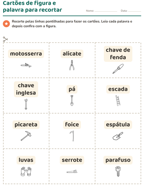 Pré-visualização da ficha de Cartões de figura e palavra com Ferramentas PB para Educação infantil (pré-escola, 5-7 anos)