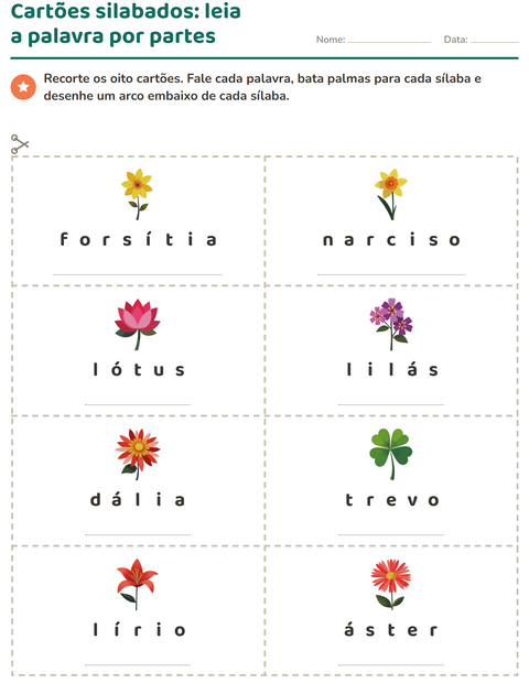 Pré-visualização da ficha de Cartões de figura e palavra com Flores para 1º ano do ensino fundamental