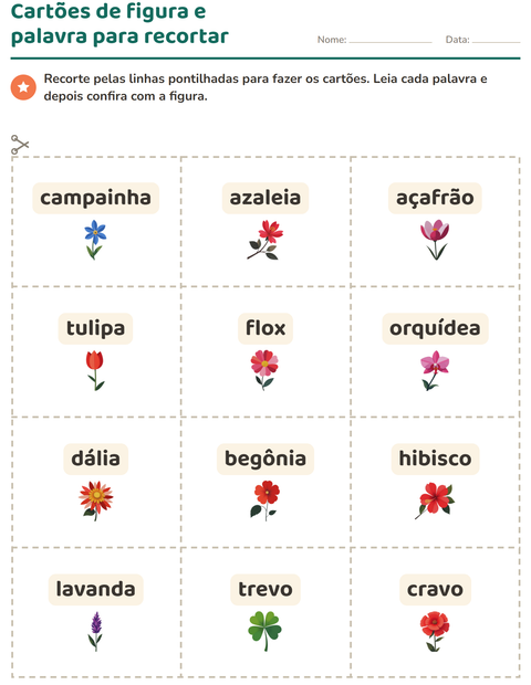 Pré-visualização da ficha de Cartões de figura e palavra com Flores para Educação infantil (pré-escola, 5-7 anos)